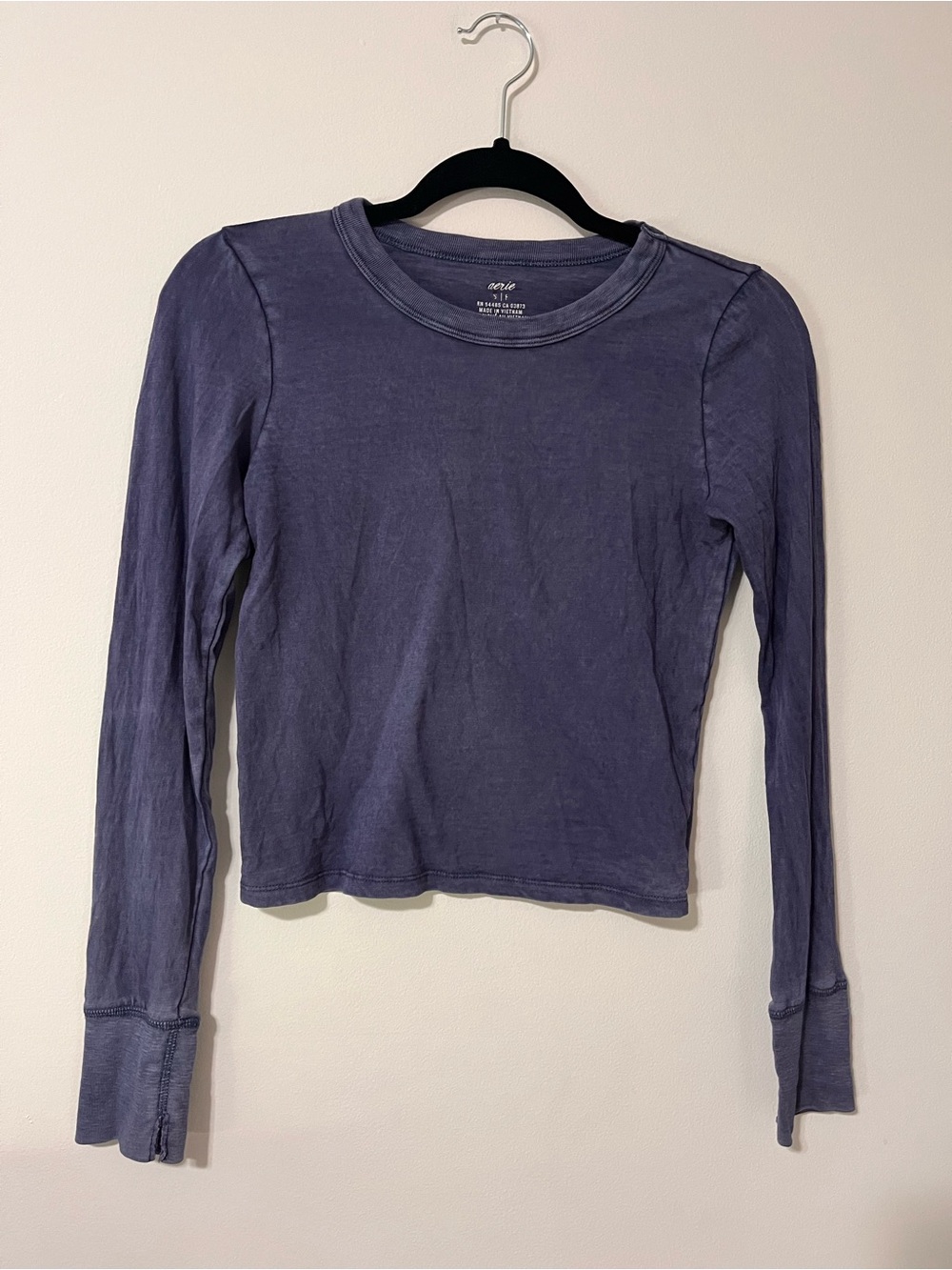 AERIE Vintage Wash Navy Cotton Crewneck Long Sleeve Tee Women’s Top Sz S EUC